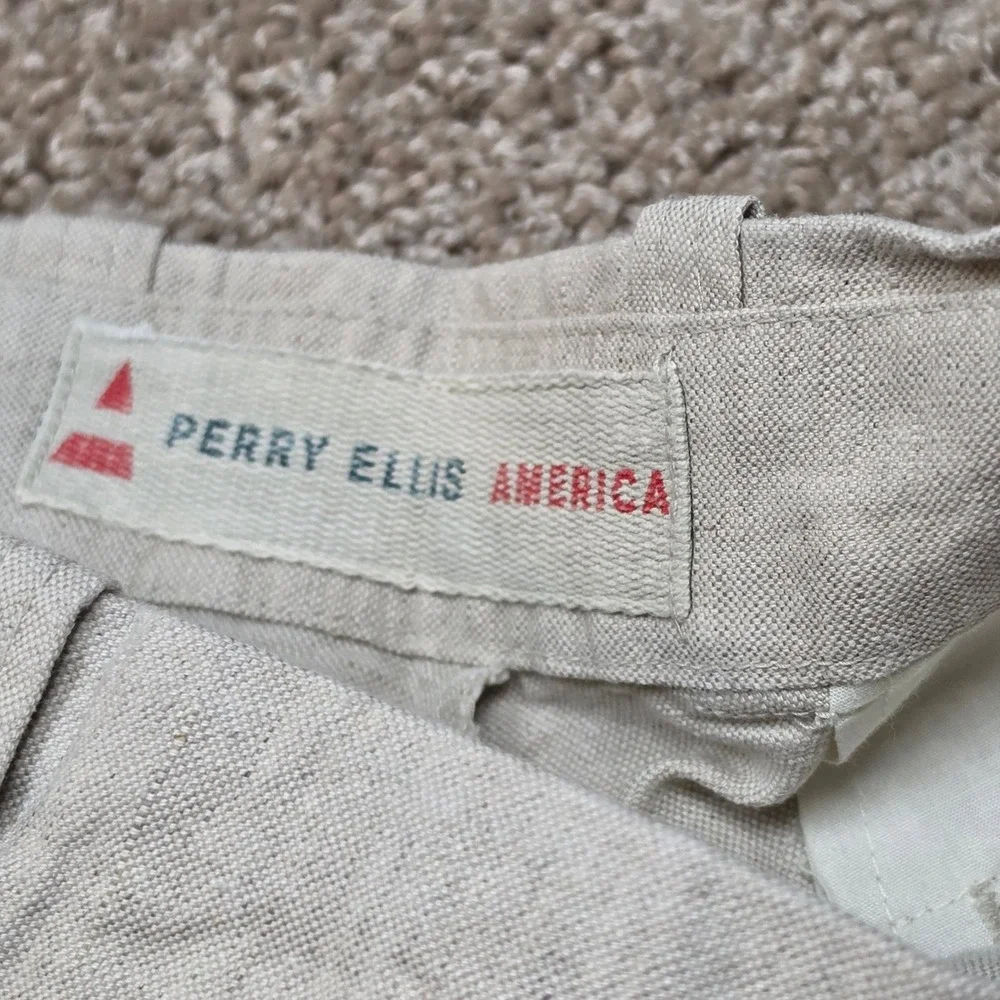 Perry Ellis America Mens 36x30 Linen Cotton Pants Beige Relaxed Wide Leg